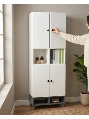 Miramob 4 Kapaklı ve 4 Açık Bölmeli Kitaplık Çok Amaçlı Ofis Dosya ve Saklama Dolabı Antrasit Beyaz