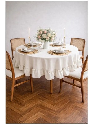 Nurgita Home Fırfırlı Natürel Ham Keten Yuvarlak Masa Örtüsü