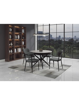 Vetrowood Nehir Gri Mermer Desen Açılır Yuvarlak Masa Takımı 103-137 cm Metal Ayak 4 Sandalyeli