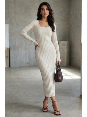 Madmext Taş Rengi Vücuda Oturan Fitilli Triko Midi Kadın Elbise MG2691