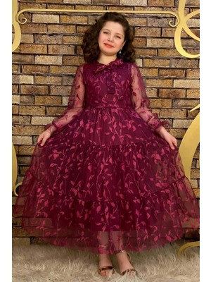 Riccotarz Kız Çocuk Kolları ve Yakası Şeffaf Tüllü ve Yaprak Detaylı Mor Elbise