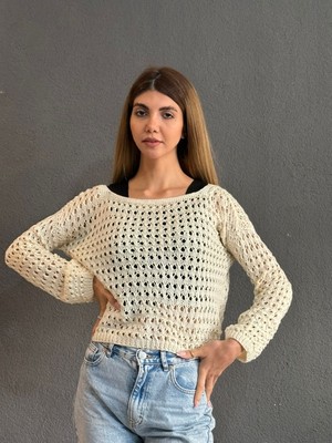Gönülden Tasarım El Örgüsü Kadın Ekru File Bluz S/m