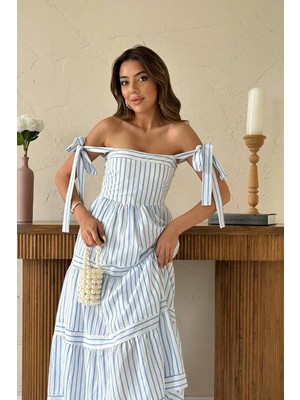 Elisa Omuzdan Bağlamalı Çizgili Midi Elbise