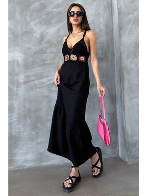 Topshow Siyah Keten Askılı Örgü Büstiyer Detaylı Uzun Elbise