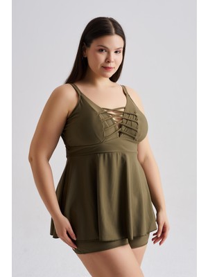 AQUAVİVA Aquaviva Kadın Haki Büyük Beden Venezıa  Çapraz Ipli Şortlu Tankini Set