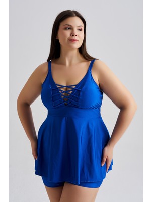 AQUAVİVA Aquaviva Kadın Saks Büyük Beden Venezıa Çapraz Ipli Şortlu Tankini Set