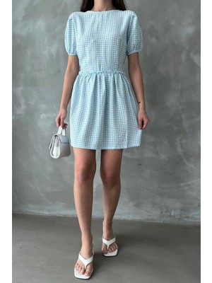 Topshow Mavi Pötikare Mini Elbise – Balon Kol, Bel Büzgülü Yazlık Kadın Elbise