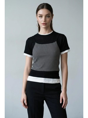 Madmext Siyah Çizgili Ikili Görünümlü Kadın Tişört MG2699