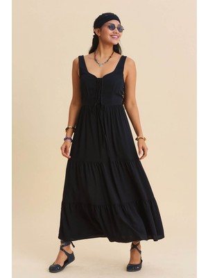 Los Banditos Geniş Yaka Ön Bağcıklı Uzun Elbise