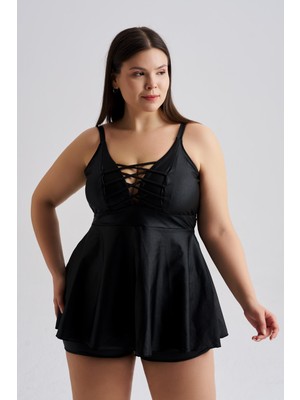 AQUAVİVA Aquaviva Kadın Siyah Büyük Beden Venezıa Çapraz Ipli Şortlu Tankini Set