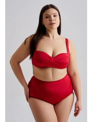 AQUAVİVA Aquaviva Kadın Kırmızı Büyük Beden Carlotta Drapeli Yüksek Bel Bikini Takımı