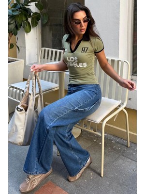 Madmext Mint Yeşili Baskılı Polo Yaka Slim Fit Kadın Tişört MG2689