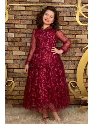 Riccotarz Kız Çocuk Kolları ve Yakası Şeffaf Tüllü ve Yaprak Detaylı Bordo Elbise