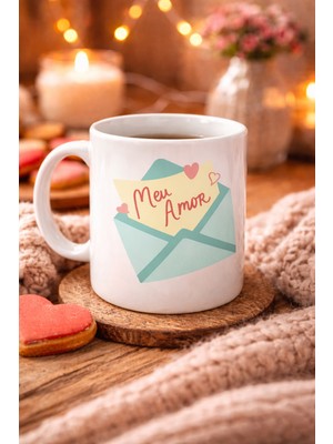 Youday Accessories Meu Amor Tasarımlı Porselen Kupa Model 11 - Romantik Kalp Desenli Sevgili Kupası - Özel Tasarım Kahve &amp; Çay Kupası