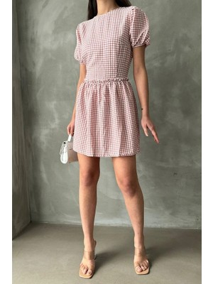 Topshow Pudra Pötikare Desenli Bisiklet Yaka Mini Elbise – Günlük ve Yazlık Kadın Elbise