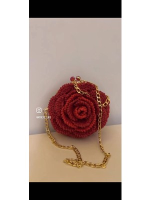 El Yapımı Gül Tasarım Kadın Çanta – Örgü Yuvarlak Omuz Çantası Gold Zincir Askılı Şık El Çantası