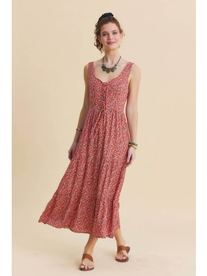 Los Banditos Geniş Yaka Ön Bağcıklı Uzun Elbise