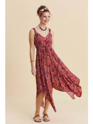 Los Banditos V Yaka Asimetrik Kesim Bohem Elbise