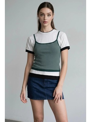 Madmext Yeşil Çizgili Ikili Görünümlü Kadın Tişört MG2699
