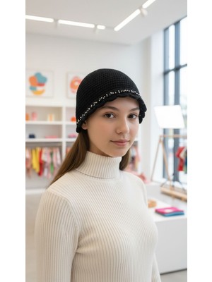 Gönülden Tasarım El Örgüsü Siyah Iğne Oyalı Kadın Bere