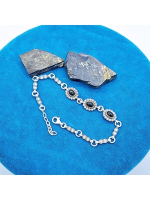 Tesbih Pasajı Oval Zirkon ve Oltu Taşı Işçilikli 925 Ayar Gümüş Bileklik