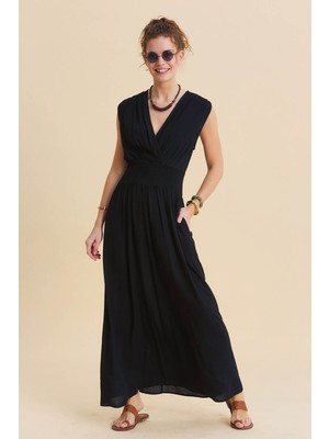 Los Banditos Kruvaze Yaka Beli Lastikli Kadın Yazlık Elbise