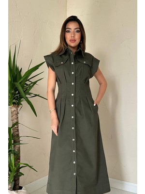 Elisa Haki Pile Detaylı Düğmeli Gabardin Elbise