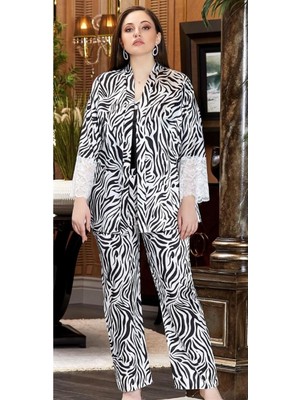 Jeremi 3249 Ipek Saten Battal Üçlü Dantelli Gecelik Sabahlık Takım