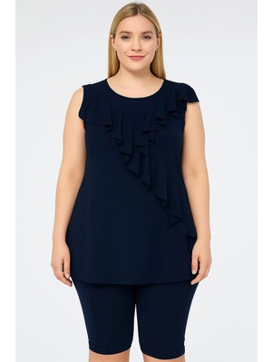 AQUAVİVA Aquaviva Kadın Lacivert Büyük Beden Önü Volanlı Taytlı Tankini
