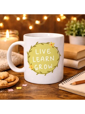 Youday Accessories Live Learn Grow Motivasyon Kupası Model 133 – Yaşa , Öğren , Geliş Ilham Veren Tasarım, Porselen Kupa, Pozitif Mesajlı Kahve &amp; Çay Kupası