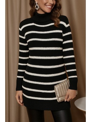 Gacha Kadın Uzun Kollu Degaje Yaka Çizgili Sonya Iplik Mini Boy Triko Elbise (Kemersiz)