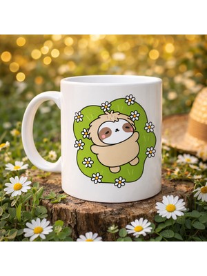 Youday Accessories Çiçekli Tembel Hayvan Desenli Porselen Kupa Model 110 – Sevimli Sloth Tasarımlı Kahve Kupası , Huzur Veren Hediye