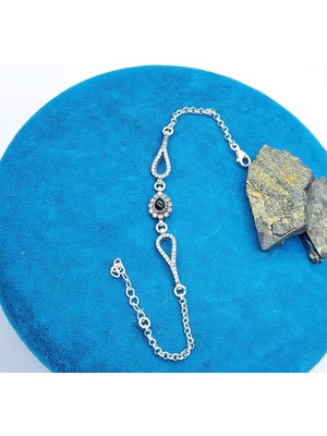 Tesbih Pasajı Zarif Damla Model Zirkon Oltu Taşı ve 925 Ayar Gümüş Bileklik