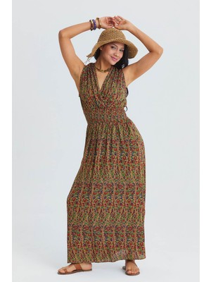 Los Banditos Kruvaze Yaka Beli Lastikli Kadın Yazlık Elbise