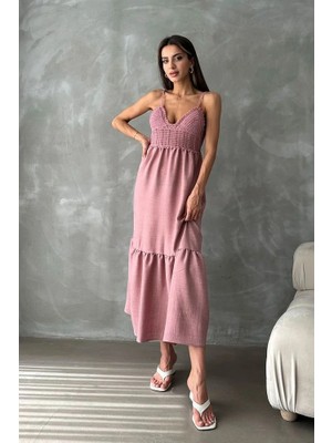 Topshow Pudra Askılı V Yaka Triko Detaylı Maxi Elbise – Yazlık Kadın Uzun Elbise