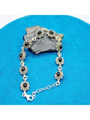 Tesbih Pasajı Oval Model Oltu Taşı ve Markazit 925 Ayar Gümüş Bileklik