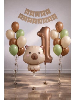 Patladı Gitti Capybara Temalı 1 Yaş Doğum Günü Balon Süsleme Seti – Karamel Doğal Ton Parti Seti