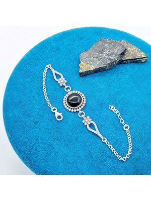 Tesbih Pasajı Yuvarlak Model Zirkon ve Oltu Taşı Işçilikli 925 Ayar Gümüş Bileklik