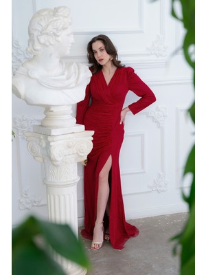 Lafaba Kadın Bordo Dar Kalıp Kruvaze Yaka Dantelli Uzun Abiye Elbise