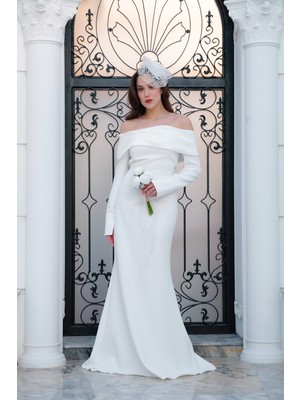 Lafaba Kadın Beyaz Kayık Yaka Uzun Kol Söz Nişan Nikah Abiye Elbise