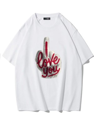 Brz Collection Unisex Oversize I Love You T-Shirt (Beyaz)