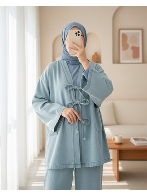 Modamorfo Önü Bağlamalı Cepli Pantolonlu Kot Kimono Takım   -Açık Mavi