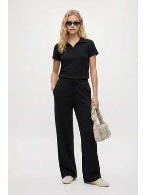 Ritnice Kadın Nadia Modal Touch Polo Yaka Bel Lastikli Cepli Siyah Alt Üst Takım
