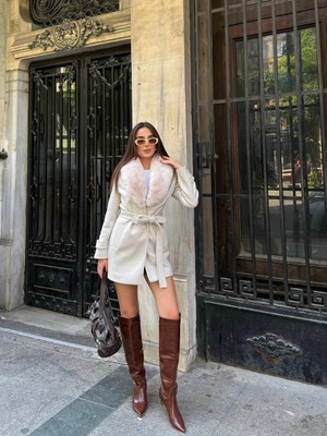 Kuşaklı Kürk Detaylı Kısa Kaşe Kaban