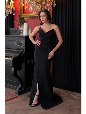 Lafaba Kadın Siyah Kedi Kulağı Pileli Uzun Abiye Elbise