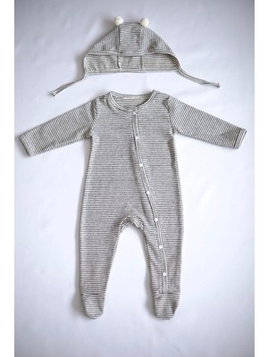Softleaf Unisex Çizgili Patikli Bebek Tulumu ve Ponponlu Şapka Seti %100 Pamuk
