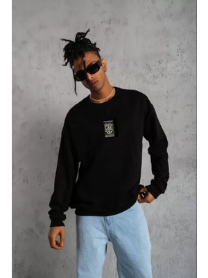 Ulak Handmader Unisex Bisiklet Yaka Baskılı Oversize Sweatshirt - Siyah