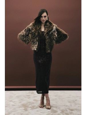 Sateen Leopar Desenli Suni Kürk Ceket – Kahverengi Kısa Kadın Kürk Mont