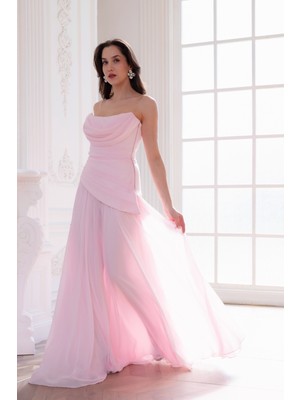 Lafaba Kadın Pudra Dar Kalıp Korseli Şifon Fular Detaylı Uzun Abiye Elbise