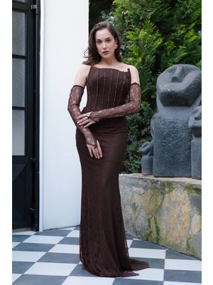 Lafaba Kadın Kahverengi Straplez Yaka Taşlı Dantel Detay Uzun Abiye Elbise